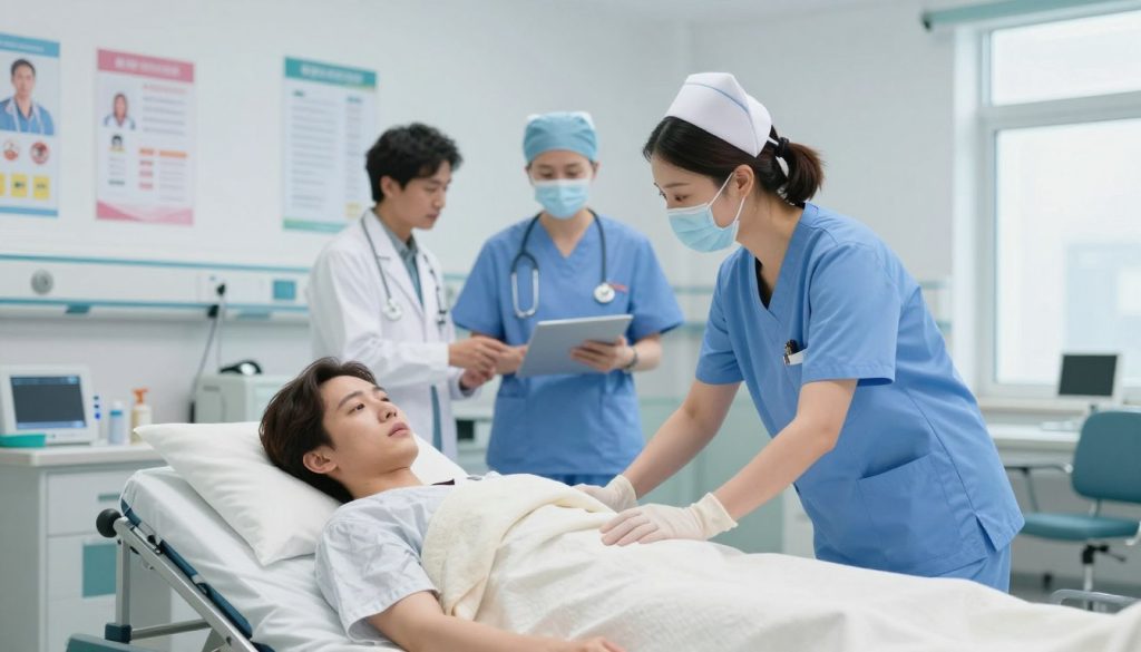 A busy hospital emergency room scene illustrating medical care after an accident. In the foreground, a nurse in professional scrubs carefully tends to a patient lying on a gurney, showcasing attentive care. The patient appears calm yet concerned, wrapped in a lightweight blanket. In the middle ground, a doctor discussing the patient's condition with another healthcare professional, both in professional attire. The background presents hospital equipment and medical posters, with bright, sterile lighting creating a clinical yet hopeful atmosphere. Capture the depth of the room using a slightly angled perspective, emphasizing the teamwork among medical staff in a high-pressure situation, conveying a mood of urgency and compassion.