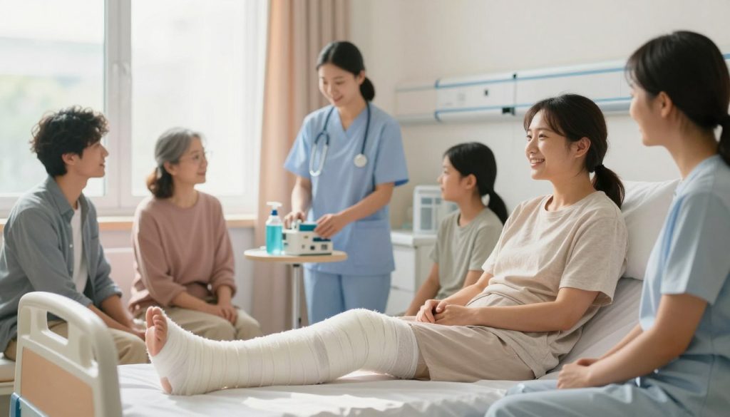 A serene hospital room with an injured individual in the foreground, sitting on a bed wearing modest casual clothing, surrounded by supportive family members. The individual has a bandaged leg and is displaying a hopeful expression, conveying the recovery process. In the middle ground, a nurse is assisting with medical equipment, symbolizing care and support during recovery. The background features soft pastel colors, with sunlight filtering through a window, creating a warm and uplifting atmosphere. The lens should be slightly wide to encompass the interaction and emotions in the room. The overall mood is one of resilience and positivity, representing the journey of legal and financial considerations intertwined with healing and support. The scene is peaceful and free of clutter, emphasizing a safe recovery environment.
